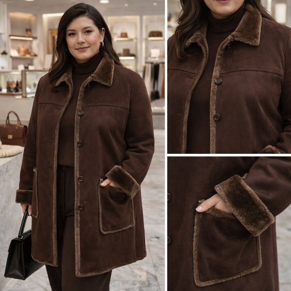 J. Percy Chocolate Faux Shearling Coat XL – Plush Lined 90s Minimalist Winter